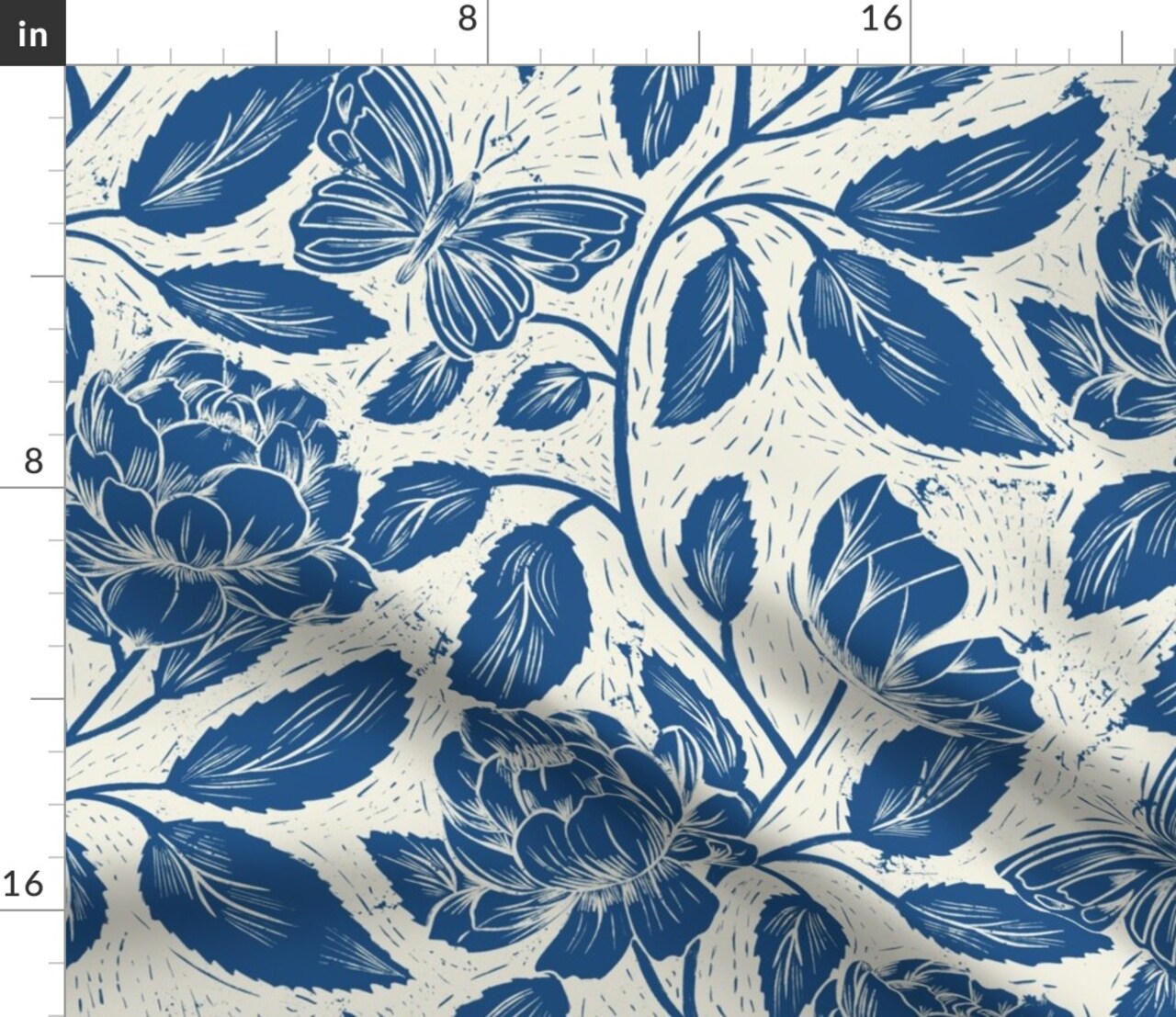 Blue Block Print Butterflies Flowers Traditional Botanical Toile Peonies Cottagecore Custom Printed Fabric by Spoonflower Various Fabrics by the Yard or Fat Quarter
